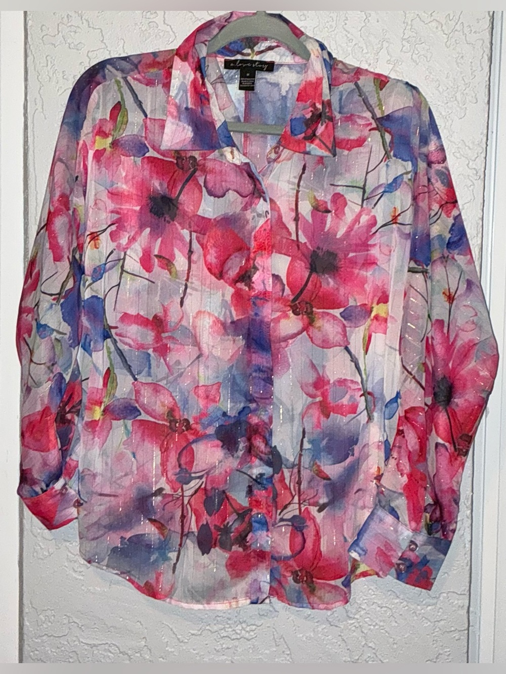 A Love Story Pink , Gold and Purple Floral Sheer Button-Down Shirt